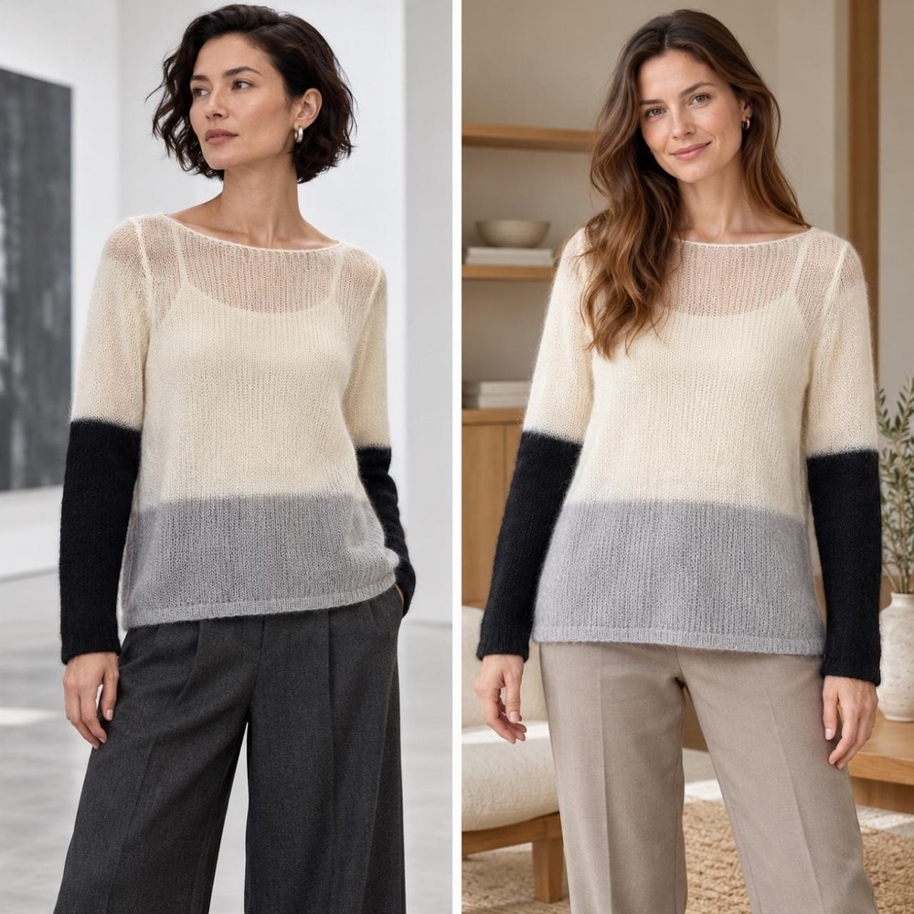 Eileen Fisher Mohair Colorblock Sweater Women's M Cream Gray Black Boat Neck NWT